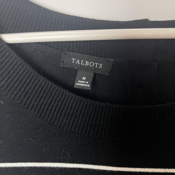 Talbots Sweater Womens Medium Black White Striped Short Sleeve Button Back - Picture 2 of 7